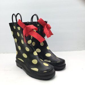 Girl's rain Boots Size 2/3 Black Polka Dots Red Bow Pull-On Round Toe